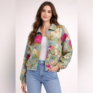 VTG Malcom Flowers Women 100% Silk Jacket Aqua Floral Pop Art To Wear Easter XL